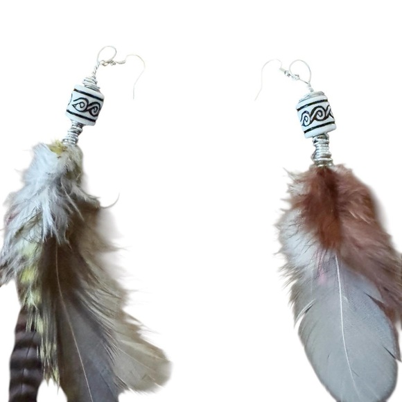 Boho. Handmade Rooster Grizzly Feather Long Color Handmade Earrings #3 - Picture 4 of 6